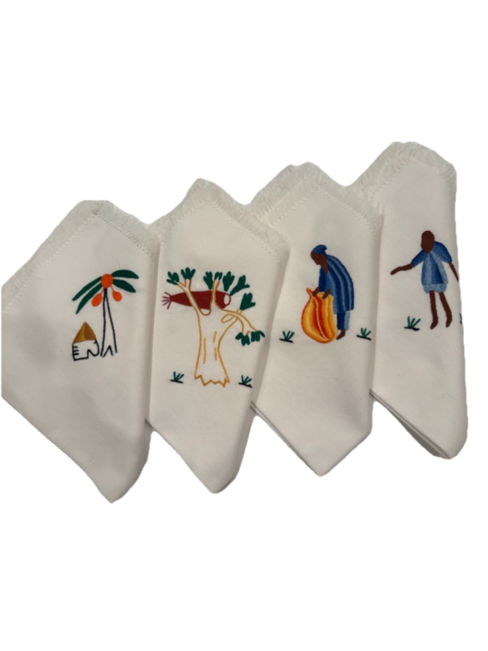 New Set Of 4 Embroidered Napkins W/African Scenes-handmade-14” X 14”-Primatives
